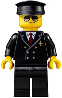 LEGO Airport - Pilot, Black Legs, Red Tie and 6 Buttons, Black Hat, Black and Silver Sunglasses minifigure