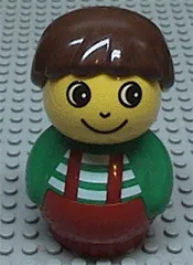 LEGO Primo Figure Boy with Red Base, Green Top with Red Suspenders with White Stripes, Brown Hair minifigure