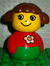 LEGO Primo Figure Girl with Green Base, Red Top with Daisy Pattern, Brown Hair minifigure