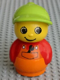LEGO Primo Figure Boy with Orange Base, Red Top with Orange Overalls with Wrench, Medium Lime Hat minifigure