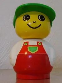 LEGO Primo Figure Boy with Red Base, White Top with Red Overalls with Green Pocket, Green Cap minifigure