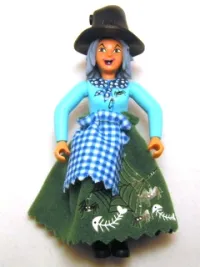 LEGO Belville Female - Sky Blue Top with Scarf and Spider Pattern, Magenta Legs, Sand Blue Hair with Dark Green Skirt and Black Witch Hat minifigure