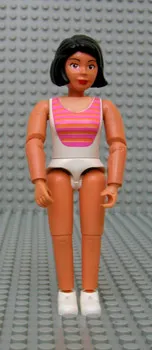 LEGO Belville Female - White Swimsuit with Dark Pink and Light Orange Stripes, Short Black Hair, White Shoes minifigure