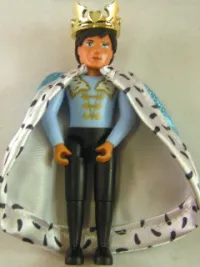 LEGO Belville Male Black Pants, Light Blue Shirt with White and Gold Fur Pattern on Shoulders, Cloak, Crown minifigure