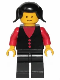 LEGO Shirt with 3 Buttons - Red, Red Arms, Black Legs, Black Pigtails Hair (Firewoman) minifigure