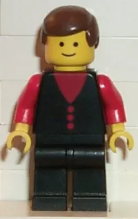 LEGO Shirt with 3 Buttons - Red, Red Arms, Black Legs, Brown Male Hair minifigure