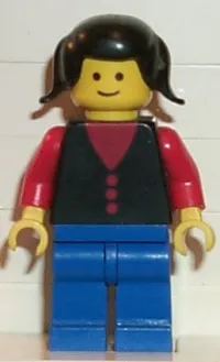 LEGO Shirt with 3 Buttons - Red, Red Arms, Blue Legs, Black Pigtails Hair minifigure