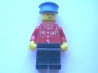 LEGO Shirt with 4 Buttons (sticker) - Red - Black Legs, Blue Hat minifigure