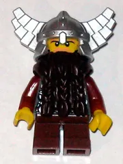 LEGO Fantasy Era - Dwarf, Dark Brown Beard, Metallic Silver Helmet with Wings, Dark Red Arms minifigure