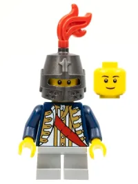 LEGO Red Sash, Helmet Closed, Light Bluish Gray Legs Short, Black Eyebrows minifigure