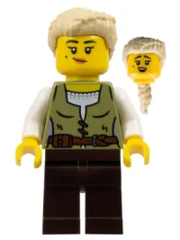 LEGO Carpenter - Female, Olive Green Vest, Dark Brown Legs, Tan Coiled Hair Ponytail minifigure