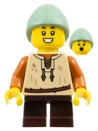 LEGO Peasant Boy - Tan Vest, Dark Brown Short Legs, Sand Green Slouch Hat minifigure