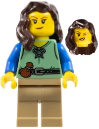 LEGO Shieldsmith - Female, Sand Green Vest, Dark Tan Legs, Dark Brown Hair over Shoulder minifigure
