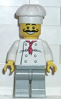 LEGO Chef - White Torso with 8 Buttons, Light Gray Legs, Long Curly Moustache minifigure