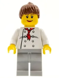 LEGO Chef - White Torso with 8 Buttons, Light Bluish Gray Legs, Reddish Brown Ponytail Hair, Brown Eyebrows, Female minifigure