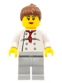 LEGO Chef - White Torso with 8 Buttons, Light Bluish Gray Legs, Reddish Brown Ponytail Hair, Black Eyebrows, Female minifigure