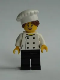 LEGO Chef - Black Legs, Open Mouth Smile, Hair in Bun, 'LEGO HOUSE Home of the Brick' on Back, Female minifigure