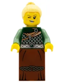LEGO Warrior - Female with Scale Mail, Reddish Brown Skirt, Bright Light Yellow Hair, Silver Lips minifigure