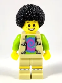 LEGO Musician - Male, Vest with Fringe over Lime Top with Pink and Blue Swirl, Black Bushy Hair minifigure