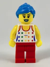 LEGO Musician - Female, White Top with Rainbow Stars, Red Legs, Dark Azure Ponytail and Swept Sideways Fringe, Blue Lips minifigure