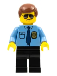 LEGO Police - City Shirt with Dark Blue Tie and Gold Badge, Black Legs, Brown Male Hair, Sunglasses minifigure