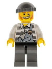 LEGO Police - Jail Prisoner Torn Overalls over Prison Stripes, Dark Bluish Gray Legs and Knit Cap minifigure