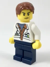 LEGO City Jungle Scientist - White Lab Coat with Test Tubes, Dark Blue Legs, Reddish Brown Parted Hair, Scowl minifigure