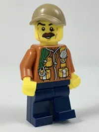 LEGO City Jungle Explorer - Dark Orange Jacket with Pouches, Dark Blue Legs, Dark Tan Cap with Hole, Reddish Brown Moustache minifigure