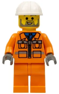 LEGO Construction Worker - Orange Zipper Jacket, Safety Stripes, Orange Legs, White Construction Helmet minifigure