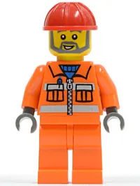 LEGO Construction Worker - Orange Zipper, Safety Stripes, Orange Arms, Orange Legs, Red Construction Helmet, Gray Angular Beard minifigure