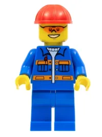 LEGO Blue Jacket with Pockets and Orange Stripes, Blue Legs, Red Construction Helmet, Orange Sunglasses minifigure