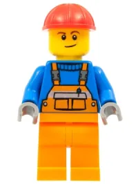 LEGO Overalls with Safety Stripe Orange, Orange Legs, Red Construction Helmet, Lopsided Smile minifigure