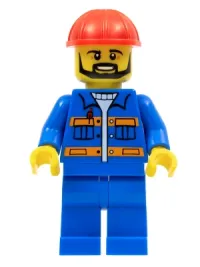 LEGO Blue Jacket with Pockets and Orange Stripes, Blue Legs, Red Construction Helmet, Black Angular Beard minifigure