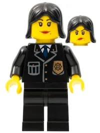 LEGO Police - City Suit with Blue Tie and Badge, Black Legs, Black Female Hair minifigure