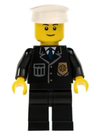 LEGO Police - City Suit with Blue Tie and Badge, Black Legs, White Hat, Black Eyebrows, Thin Grin minifigure