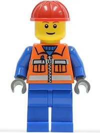 LEGO Construction Worker - Orange Zipper, Safety Stripes, Blue Arms, Blue Legs, Red Construction Helmet minifigure