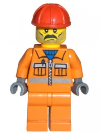 LEGO Construction Worker - Orange Zipper, Safety Stripes, Orange Arms, Orange Legs, Red Construction Helmet, Moustache and Stubble minifigure