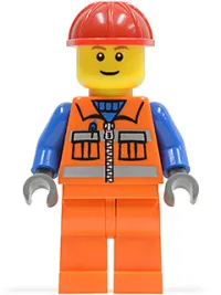 LEGO Construction Worker - Orange Zipper, Safety Stripes, Blue Arms, Orange Legs, Red Construction Helmet minifigure