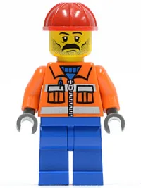 LEGO Construction Worker - Orange Zipper, Safety Stripes, Orange Arms, Blue Legs, Red Construction Helmet, Stubble minifigure