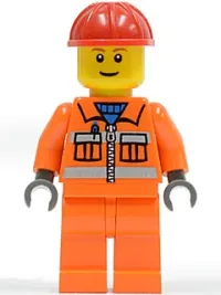 LEGO Construction Worker - Orange Zipper, Safety Stripes, Orange Arms, Orange Legs, Red Construction Helmet, Brown Eyebrows, Thin Grin minifigure