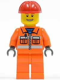 LEGO Construction Worker - Orange Zipper, Safety Stripes, Orange Arms, Orange Legs, Red Construction Helmet, Eyebrows, Thin Grin with Teeth minifigure