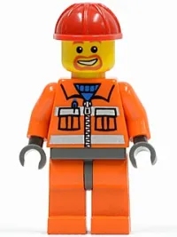 LEGO Construction Worker - Orange Zipper, Safety Stripes, Orange Arms, Orange Legs, Dark Bluish Gray Hips, Red Construction Helmet minifigure