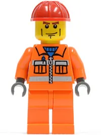 LEGO Construction Worker - Orange Zipper, Safety Stripes, Orange Arms, Orange Legs, Red Construction Helmet minifigure