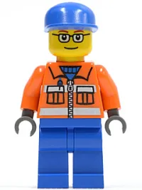 LEGO Ground Crew - Orange Zipper, Safety Stripes, Orange Arms, Blue Legs, Blue Cap, Glasses minifigure