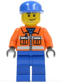 LEGO Ground Crew - Orange Zipper, Safety Stripes, Orange Arms, Blue Legs, Blue Cap, Smirk and Stubble Beard minifigure