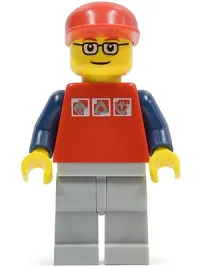 LEGO Red Shirt with 3 Silver Logos, Dark Blue Arms, Light Bluish Gray Legs, Glasses minifigure