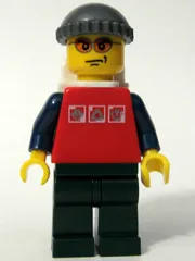 LEGO Red Shirt with 3 Silver Logos, Dark Blue Arms, Orange Glasses, Backpack minifigure