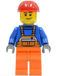 LEGO Overalls with Safety Stripe Orange, Orange Legs, Red Construction Helmet, Smirk and Stubble Beard minifigure