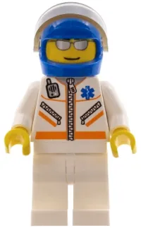 LEGO Doctor - Male, Jacket with Zipper and EMT Star of Life, White Legs, Blue Helmet, Trans-Black Visor, Silver Sunglasses minifigure