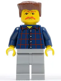 LEGO Plaid Button Shirt, Light Bluish Gray Legs, Reddish Brown Flat Top, Bushy Moustache minifigure